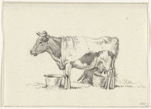 Staande koe, met melkemmer en melkkrukje door Jean Bernard