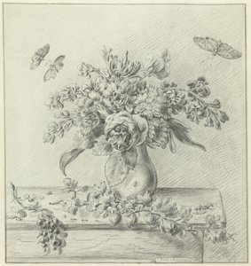 Stilleven met bloemstuk, vruchten en insecten