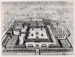 Saint-Louis Ziekenhuis, begin 17e eeuw (gravure) (b/w foto)