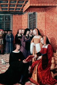 De dichter Jean Marot (1450-1526) overhandigt zijn werk Voyage to Genoa aan Anne van Bretagne (1477-1514), ca. 1508, miniatuur door Jean Bourdichon (1457-1521), Frankrijk door Jean Bourdichon