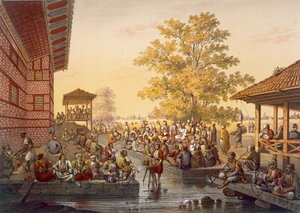 Vrijetijdsscène in Pinarbasi, een wijk van Bursa. Een verhalenverteller vermaakt het publiek, uit Souvenirs de Constantinople, pub. 1845