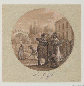 Ontwerp voor een Geschilderd Porseleinen Bord, Les Greffes (Enten) uit de Service de la Culture des Fleurs (Bloemencultuurdienst) door Jean Charles Develly
