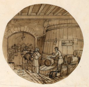 Tekening, ontwerp voor een beschilderd porseleinen bord, interieur van een wijnstokerij, 1831-44 door Jean Charles Develly