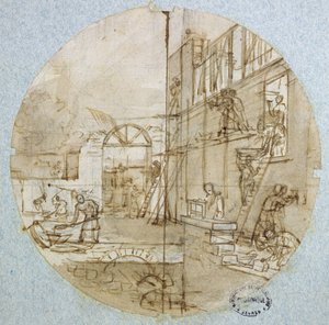 De werkplaats van de metselaar, plaatontwerp voor een dienst die verschillende beroepen uitbeeldt, ca. 1820-35 door Jean Charles Develly