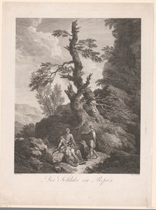 Rustende soldaten voor een boom in een rotsachtig landschap door Jean Charles Levasseur