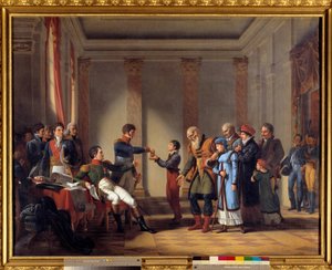 Liefdadigheid van Keizer Napoleon I tijdens de Poolse campagne in januari 1807: Keizer geeft een pensioen van honderd napoleons aan Nerocki, 117 jaar oud
