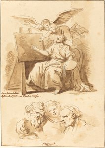 Sint Lucas aan zijn ezel en vier expressieve hoofden door Jean Claude Richard de Saint Non after Jean Honoré Fragonard after Andrea Celesti