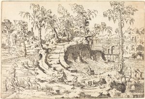 Putti Spelend in een Fantasierijk Landschap door Jean Cousin the Younger