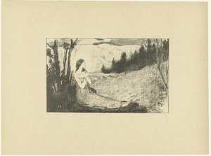 Heilige Agnes zit op rots in landschap