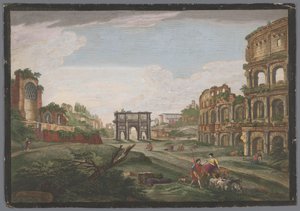 Gezicht op de ruïnes van de Boog van Constantijn en het Colosseum te Rome