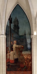 Prediking door Michel le Nobletz (1577-1652) buiten een kerk in Bretagne - Fresco, Saint Corentin Kathedraal, Quimper
