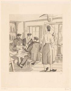 Caféinterieur met klanten en serveerster door Jean Emile Laboureur (signed by artist)