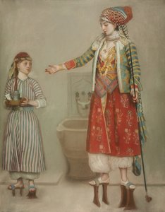 Een dame in Turkse kleding met haar dienaar in de hammam, midden 18e eeuw