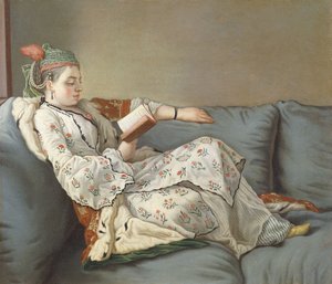 De Sultane Leest, een dame in Turkse kleding lezend op een divan door Jean Étienne Liotard