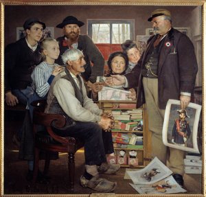 Bakker propagandascène. Een bakker probeert een oude boer te overtuigen om zich bij de partij aan te sluiten (schilderij door Eugene Buland)