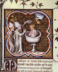 Doop van Clovis (466-511) door Sint Remigius (Saint Remi) in Reims in 496: de Heilige Geest brengt de heilige ampul met de heilige chrisma die wordt gebruikt voor de zalving van koningen. Miniatuur in “Grandes chroniques de France” door Jean Fouquet (1420-