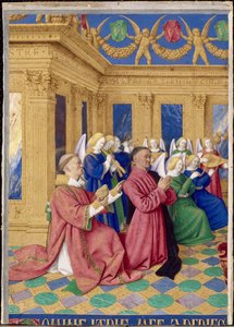 Étienne Chevalier en zijn patroonheilige Saint Étienne, miniatuur uit het getijdenboek van Étienne Chevalier door Jean Fouquet