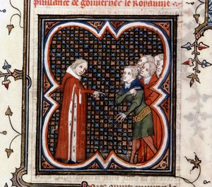 Etienne Marcel, een provoost van de kooplieden van Parijs, verteld door koning Jan II de Goede van Frankrijk om de "Grande Ordonance" van 1357 te respecteren en berispt voor zijn gedrag, in "De Grote Kronieken van Frankrijk" door Jean Fouquet, c. 1460 door Jean Fouquet
