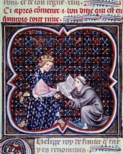 Primaat presenteert de tekst van de grote kronieken van Frankrijk aan Filips III. Miniatuur uit het manuscript door Jean Fouquet "Grandes Chroniques de France". Parijs. B.N. door Jean Fouquet