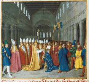 De kroning van Karel de Grote, ca. 1460 (miniatuur) door Jean Fouquet