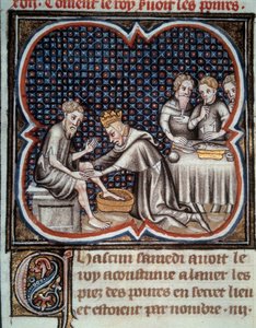 De voet van koning Lodewijk IX (Saint Louis): hij geeft voedsel en wast de voeten van de armen. Miniatuur uit het manuscript 