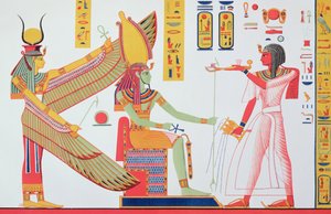 Ramesses IV (1153-1147 v.Chr.) offert wierook aan Isis en Amon-Re, zittend op een troon, kopie van een muurschildering uit zijn graf in de Vallei der Koningen, plaat 260 uit Monuments dEgypte door Jean-Francois