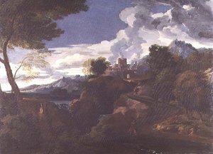Landschap met een brandende stad door Jean Francois I Millet