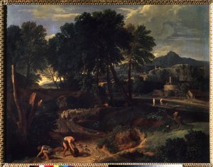 Landschap met een kudde schapen op de weg
