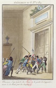 Menigte Parijzenaars die de wacht aanvallen en doden bij de ingang van de appartementen van de koningin in Versailles 6 oktober 1789