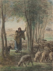 Een herderin en haar kudde in de schaduw van bomen, 1854-55 door Jean Francois Millet