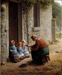 La becquee of boerin die haar kinderen voedt. Schilderij door Jean Francois Millet (1814-1875)