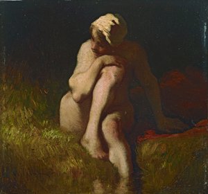 Naakt boerenmeisje zittend aan de oever van een beek
