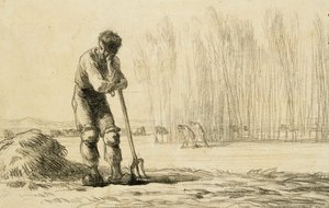 Boer leunend op een hooivork door Jean Francois Millet