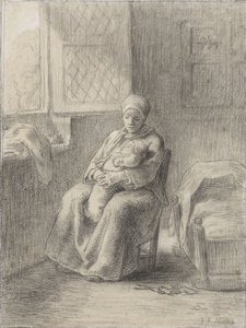 Zittende vrouw met een baby bij een raam, ca. 1824-75 door Jean Francois Millet