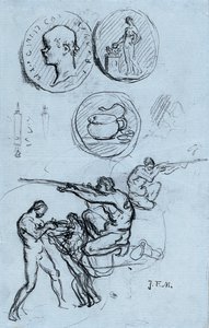 Drie studies voor antieke munten, jagers en een man met een leeuw door Jean Francois Millet