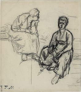 Twee Studies van een Zittende Boerin (recto); Studie van een Jong Meisje met een Hoed (verso) door Jean Francois Millet