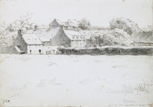 Uitzicht op boerderijgebouwen over een veld, 1871 door Jean Francois Millet