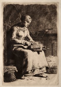 Vrouw aan het kaarden door Jean Francois Millet