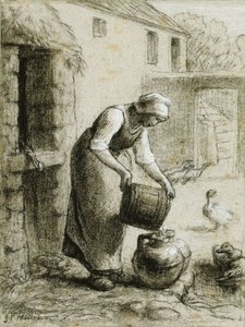 Vrouw die water in melkblikken giet