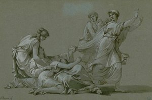 De jonge mannen en vrouwen van Athene om als offer slachtoffers aan Minotaurus te worden aangeboden, ca. 1778 door Jean François Pierre Peyron