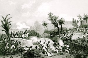 Zwarte opstand in Santo Domingo, 16 september 1802, uit "Histoire Universelle du XIXe siecle", naar Martinet