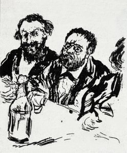 De schilder Edouard Manet (1832-1883) en de schrijver Emile Zola (1840-1902) aan tafel. Karikatuur door Jean Francois Raffaelli (1850-1924) door Jean Francois Raffaelli