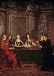De raad van geweten: Sint Vincentius van Paul, hoofd van de raad van geweten leest voor aan kardinaal Jules Mazarin (Giulio Raimondo Mazzarino of Mazarino) (1602-1661), Pierre Seguier (1588-1672), koningin Anna van Oostenrijk (1601-1666) en Lodewijk XIV (1