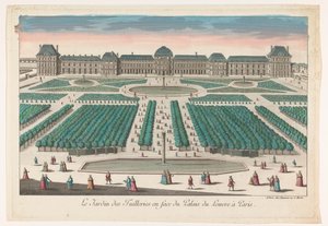 Gezicht op de Jardin des Tuileries te Parijs gezien richting het Palais du Louvre door Jean François Daumont