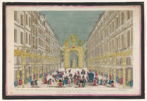 Gezicht op de decoratie van de Rue de la Feronnerie te Parijs ter gelegenheid van het herstel van Lodewijk XV, koning van Frankrijk, in 1745 door Jean François Daumont