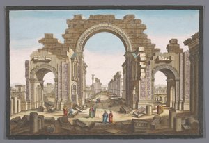 Gezicht op de ruïne van de boog van de zuilengalerij te Palmyra, gezien vanaf de oostzijde