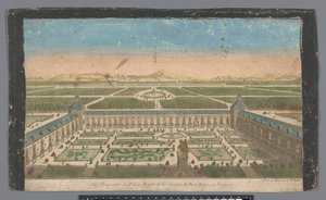 Gezicht op de tuin en het Palacio del Buen Retiro te Madrid door Jean François Daumont