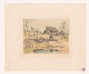 Landschap met man en ezel bij hut door Jean François Raffaëlli (signed by artist)