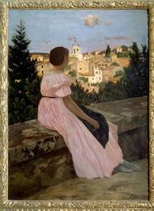 Roze jurk of Uitzicht op Castelnau le Lez. Portret van het nichtje van de kunstenaar, Therese des Hours door Jean Frederic Bazille