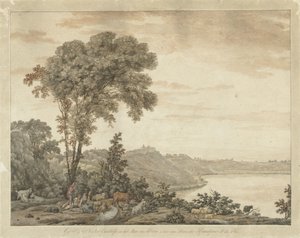 Gezicht op Castel Gandolfo en het meer van Albano door Jean Grandjean